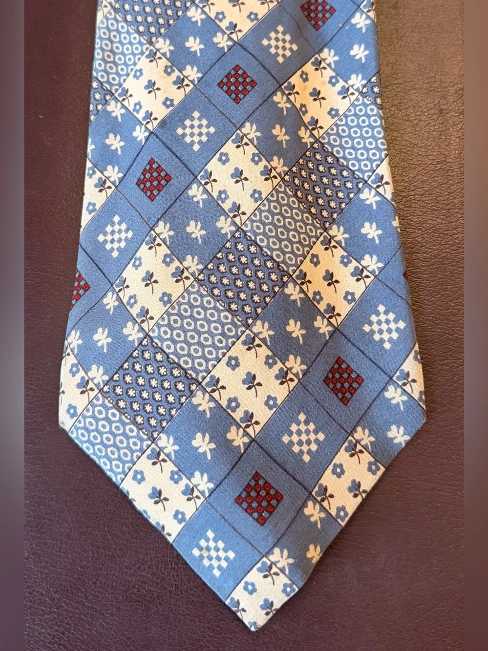 YSL Blue and Cream Geometric Patchwork Vintage Silk tie